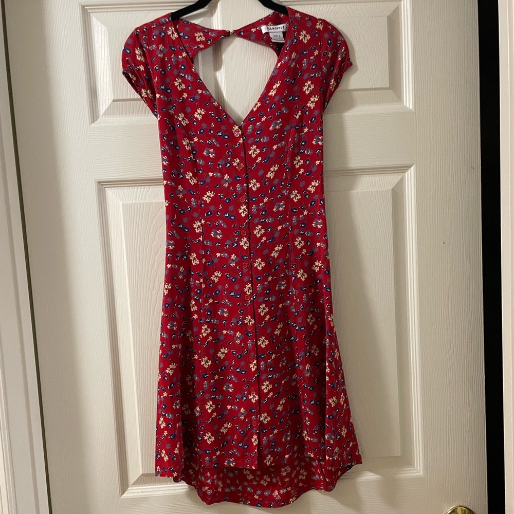Red Floral Dress with Open Upper Back & Lace Up Detail